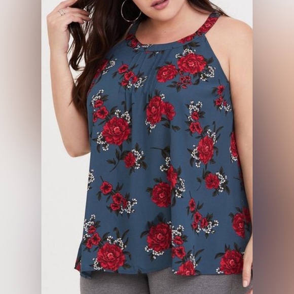 Dark Blue Floral Georgette Pleated Goddess Neck Tank - Picture 1 of 5